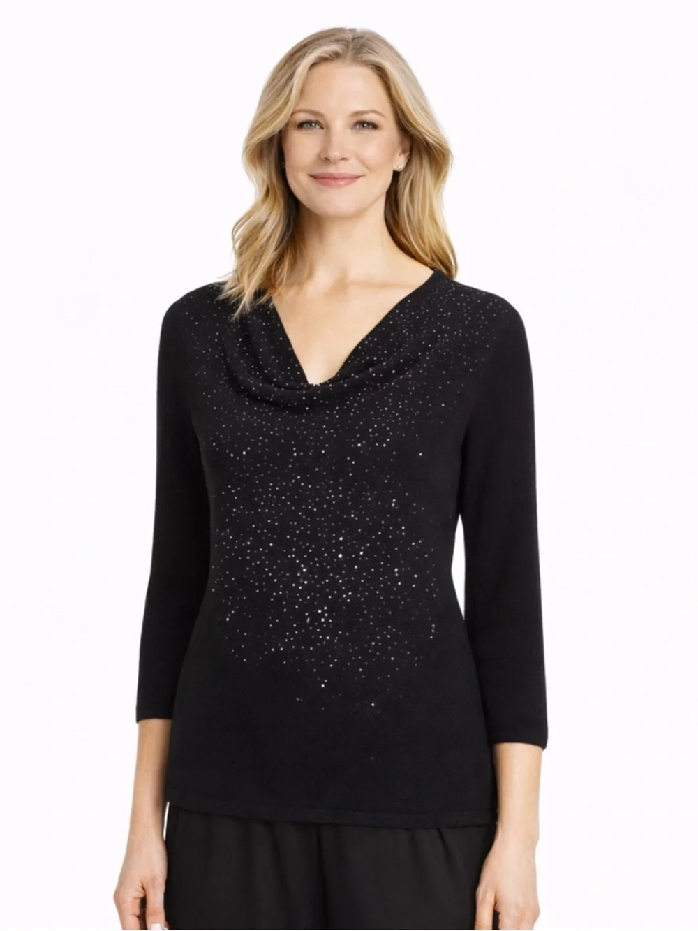 Eileen Fisher Wool Beaded Drape Cowl Neck Sweater Top Black Size XS